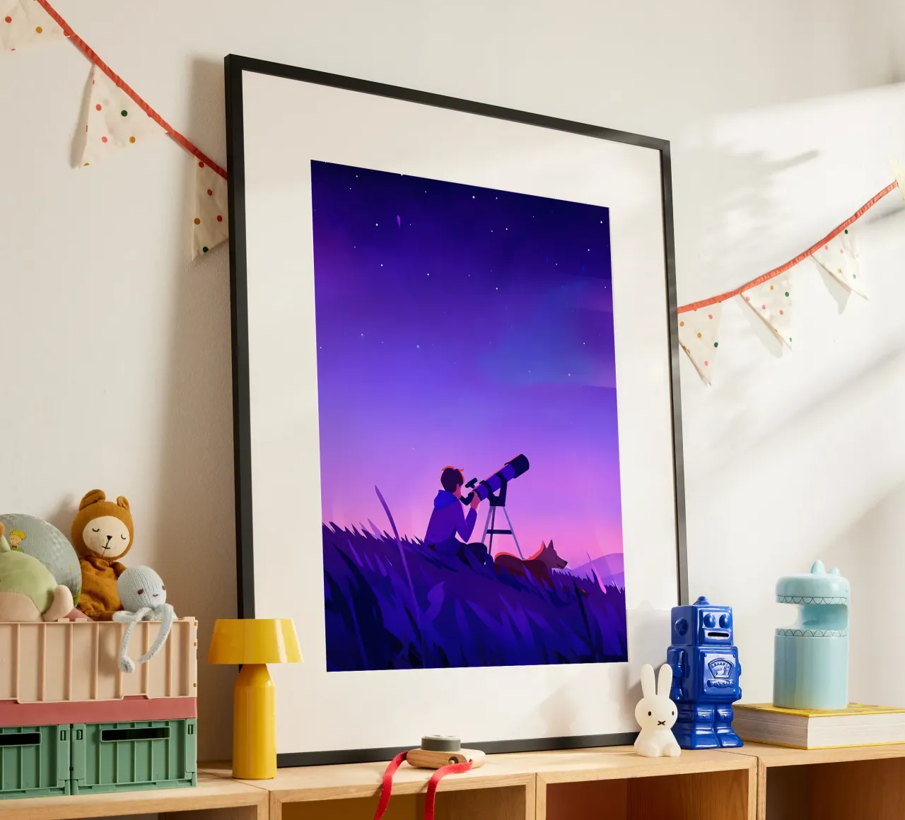 Garçon observant les étoiles dans la nuit Lofi Art poster de LoFi Gallery