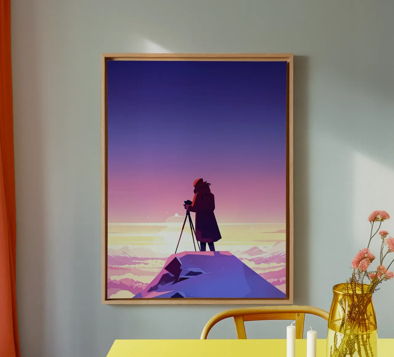 Taking Photos From Mountain Top Lofi Art canvas with Floater frame by LoFi Gallery