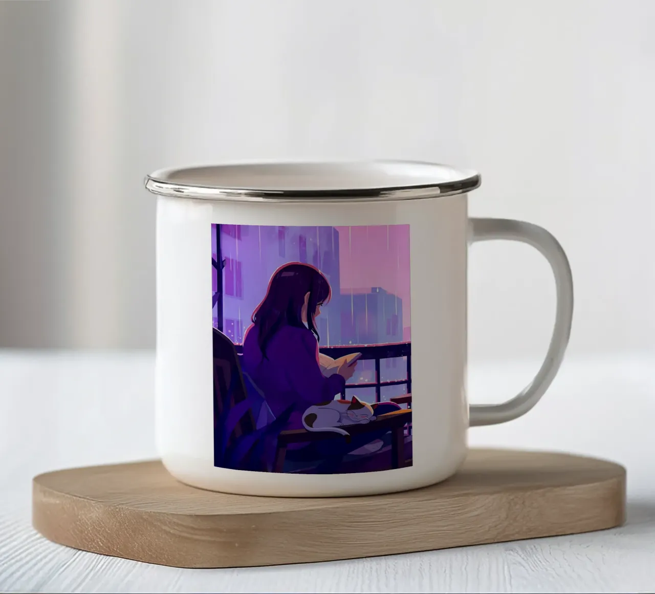 Donna con gatto sotto la pioggia Lofi Art tazza in smalto da LoFi Gallery