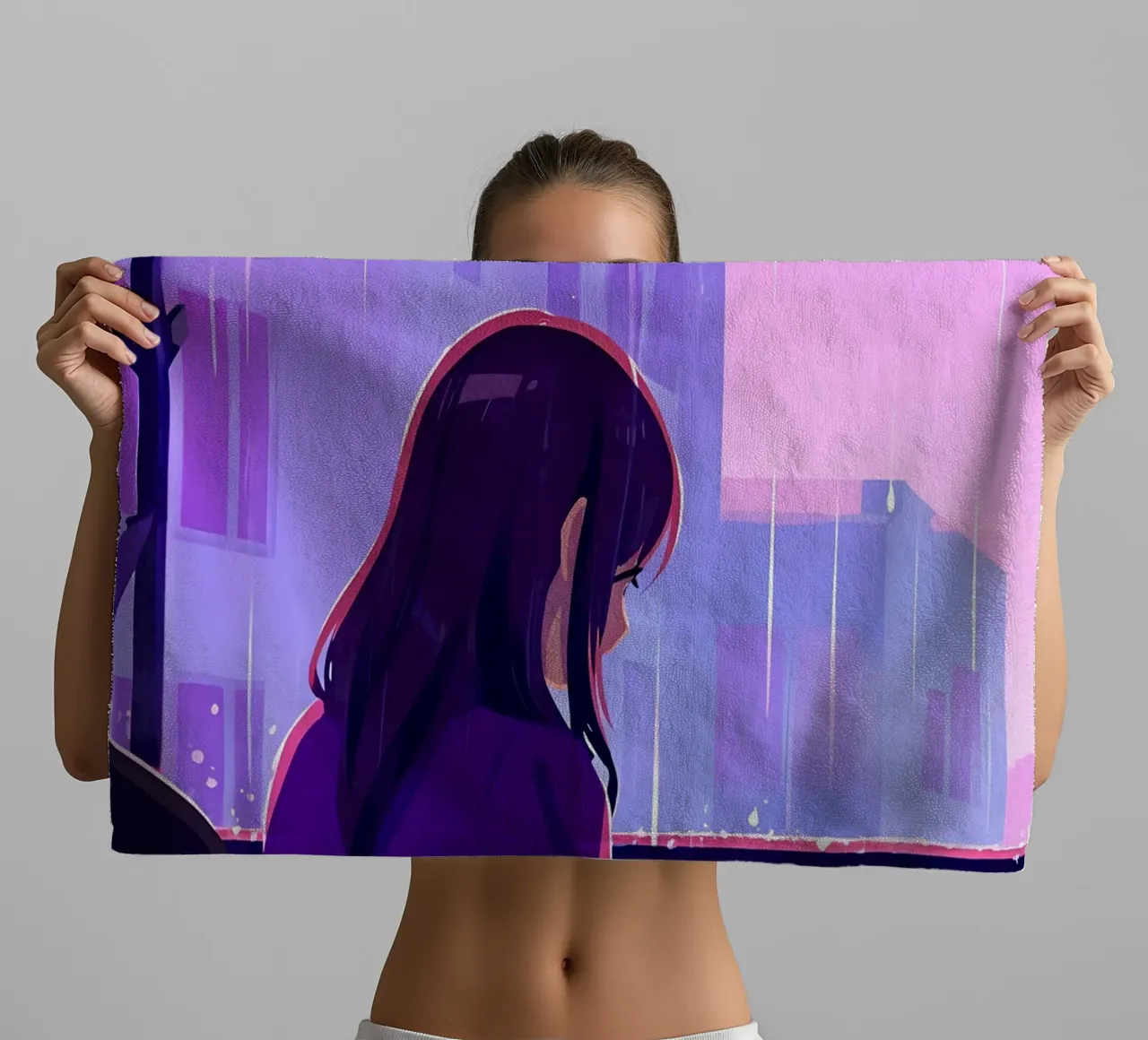 Woman With Cat In Rain Lofi Art towel by LoFi Gallery