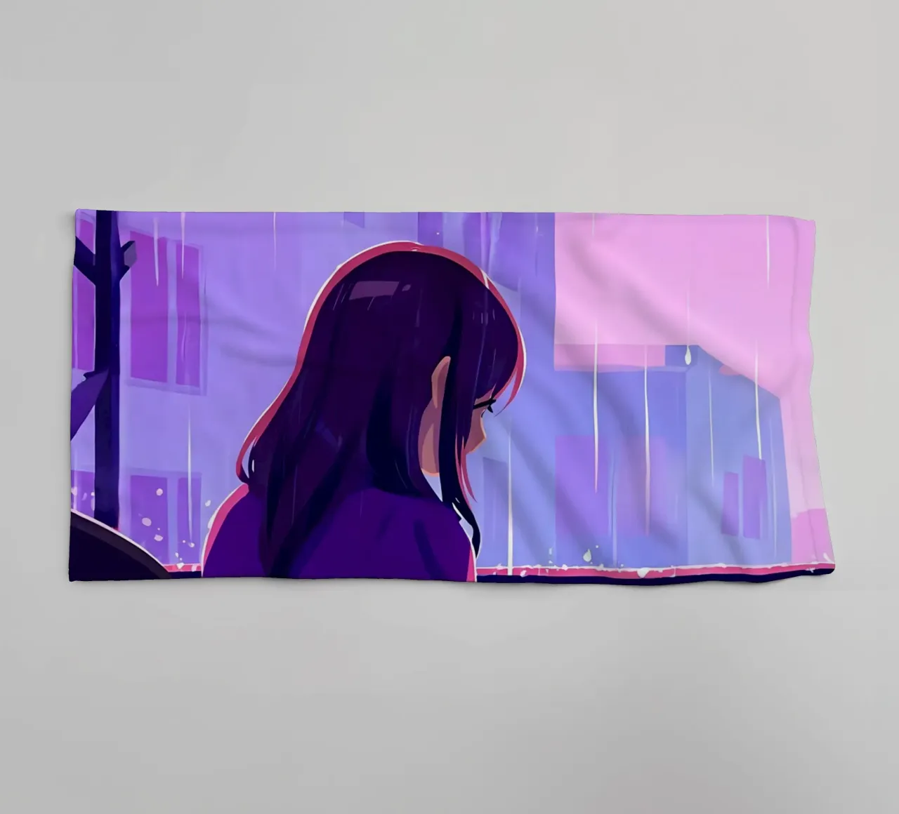 Woman With Cat In Rain Lofi Art towel by LoFi Gallery