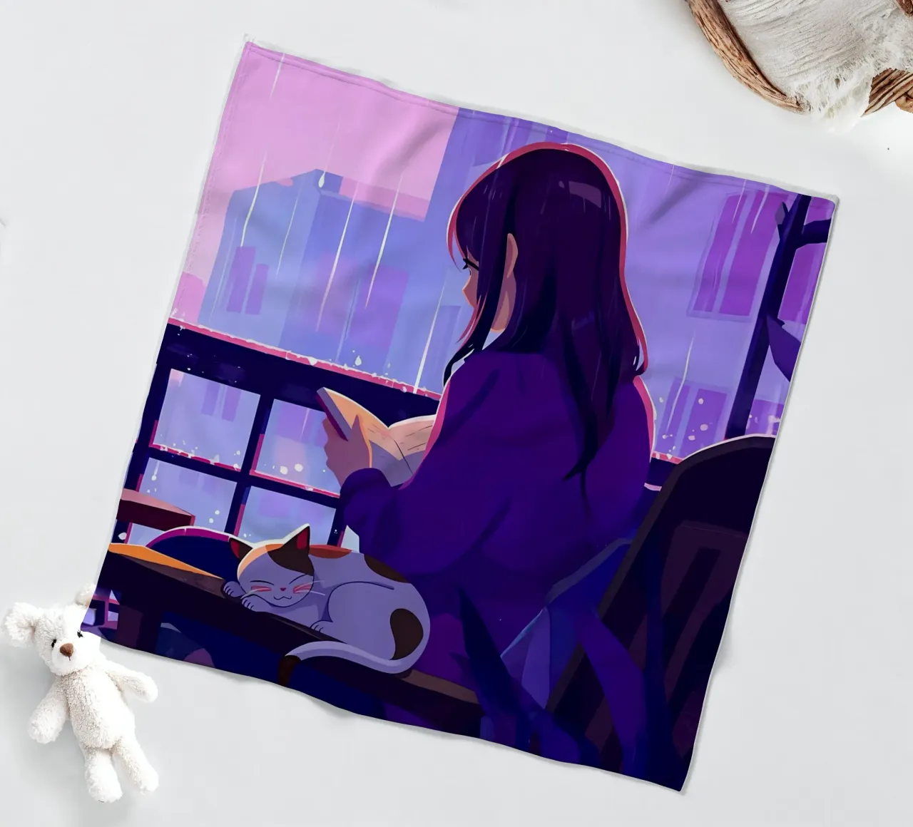 Woman With Cat In Rain Lofi Art fleece blanket by LoFi Gallery
