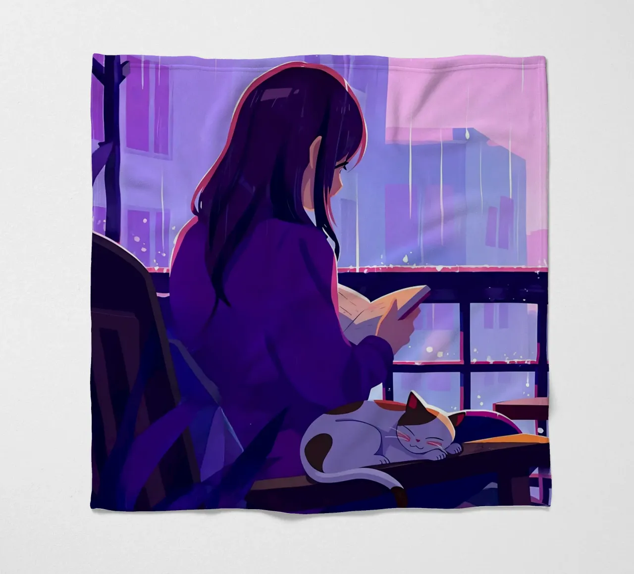 Woman With Cat In Rain Lofi Art fleece blanket by LoFi Gallery