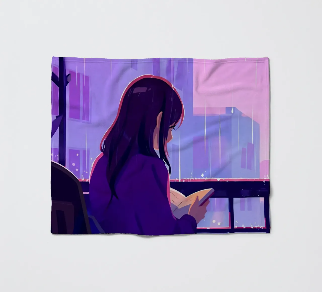 Woman With Cat In Rain Lofi Art fleece blanket by LoFi Gallery