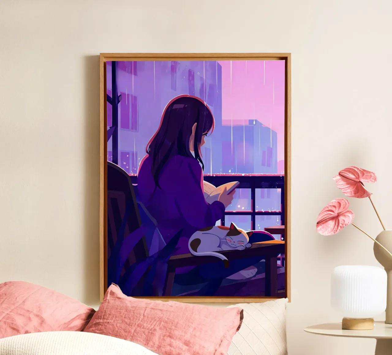 Woman With Cat In Rain Lofi Art canvas with Floater frame by LoFi Gallery