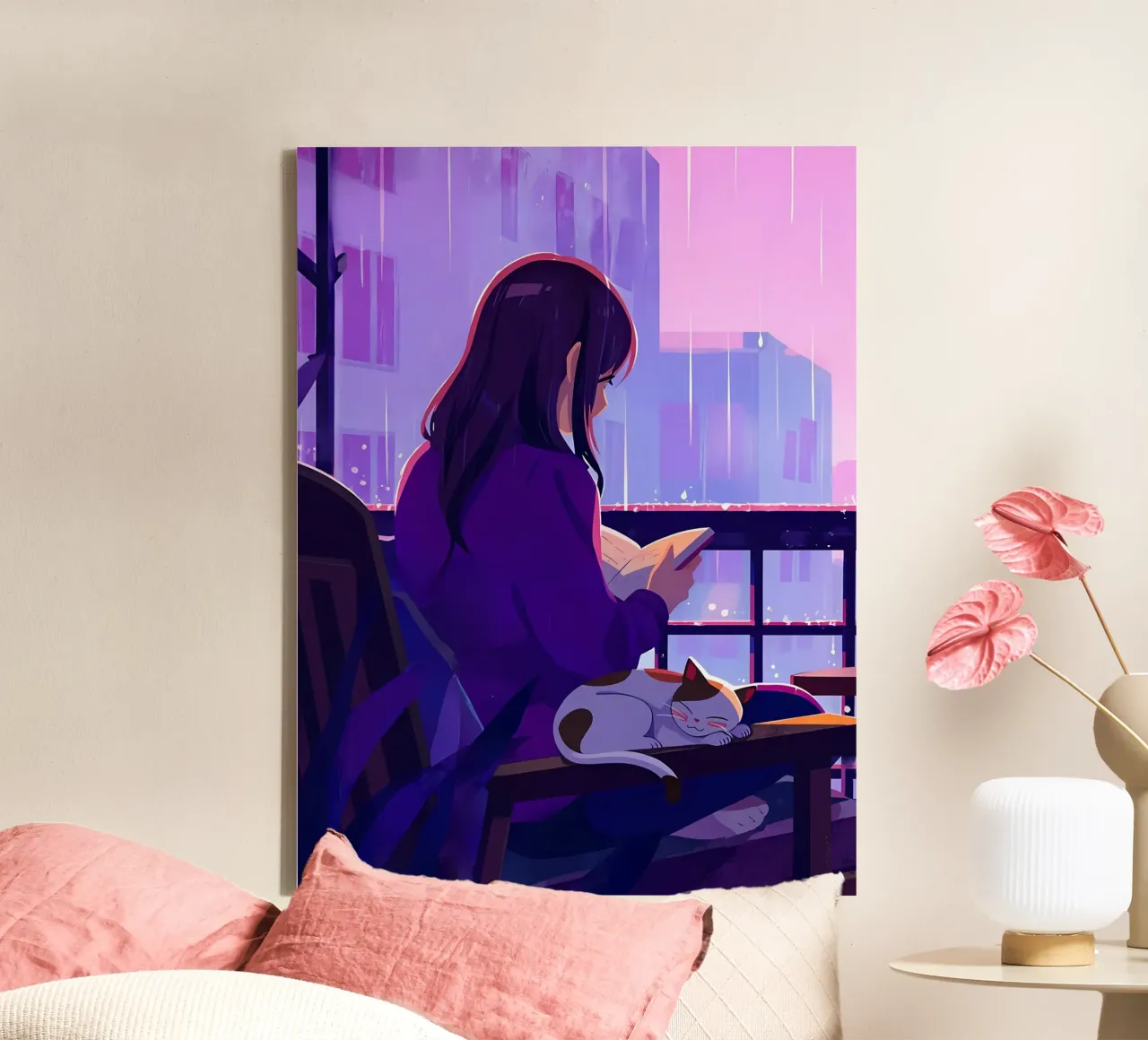 Woman With Cat In Rain Lofi Art canvas with Floater frame by LoFi Gallery