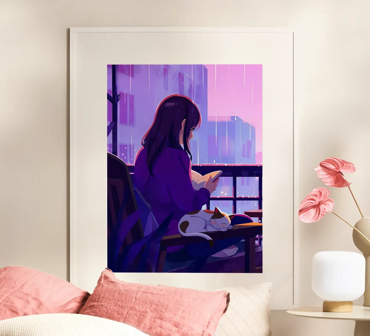 Donna con gatto sotto la pioggia Lofi Art poster da LoFi Gallery
