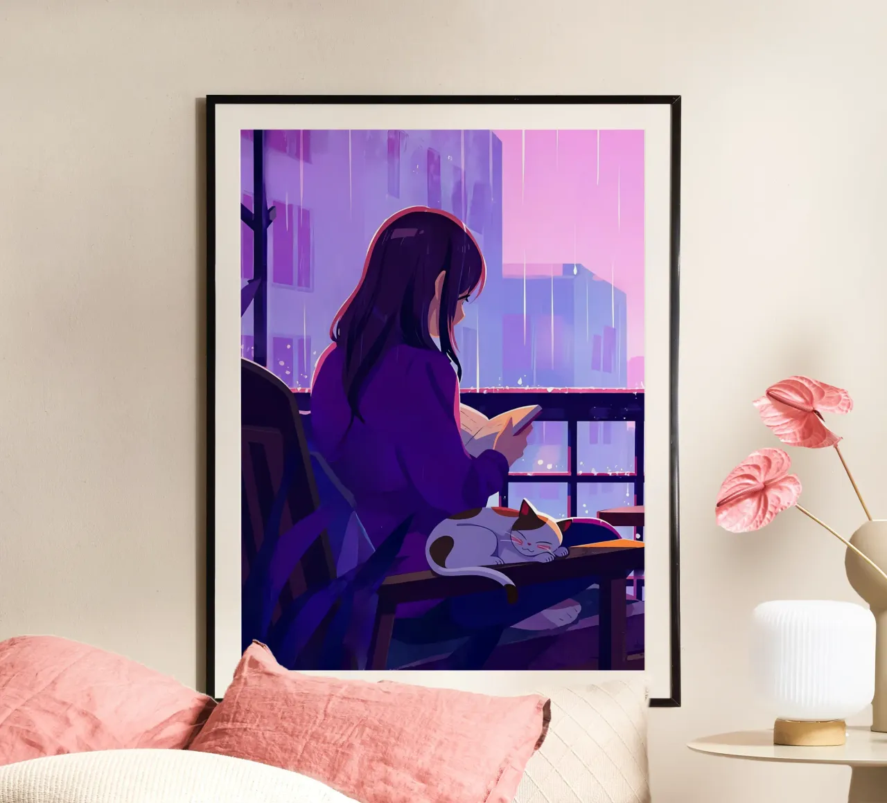 Donna con gatto sotto la pioggia Lofi Art poster da LoFi Gallery