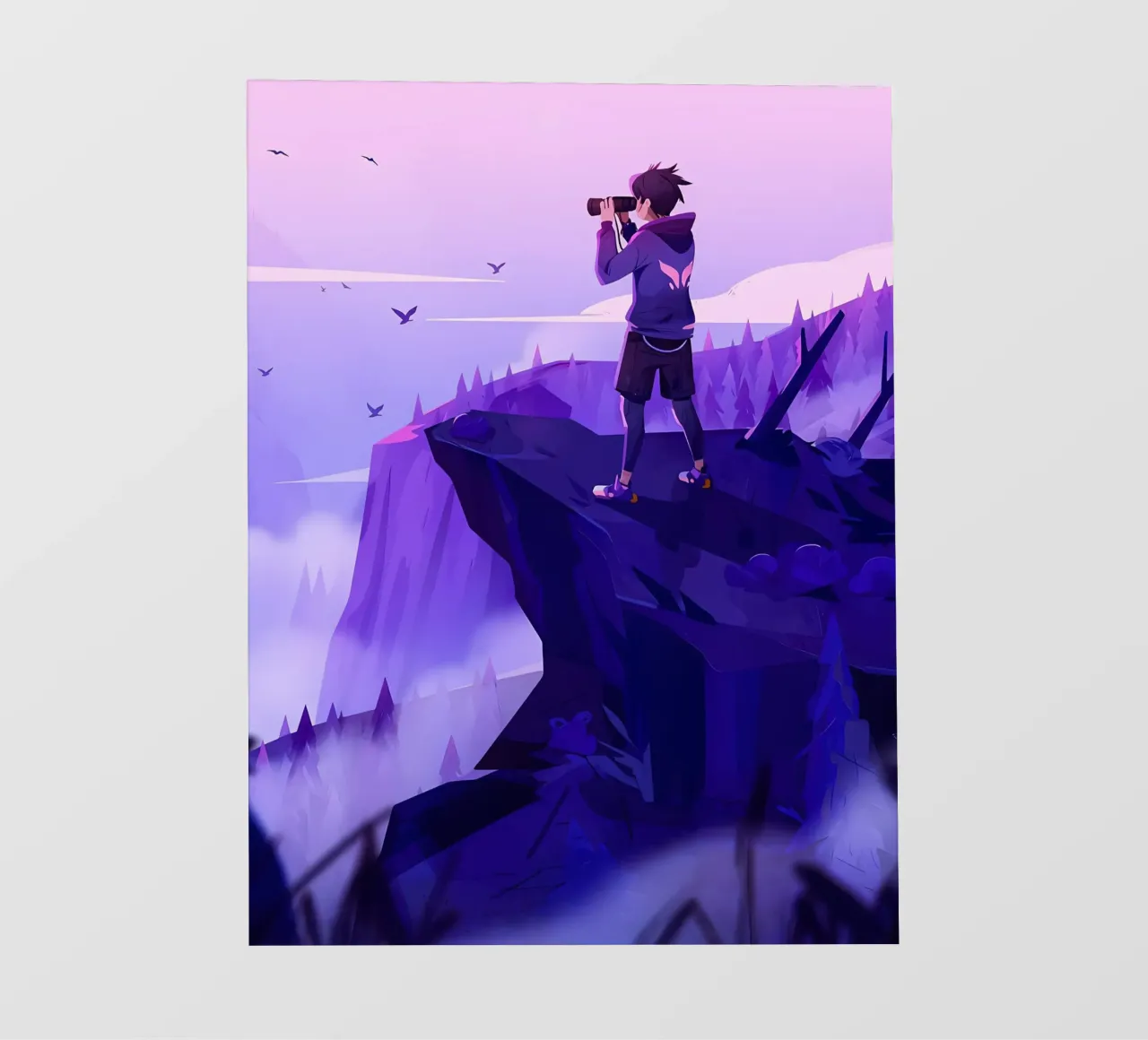 Ragazzo che guarda i paesaggi usando il binocolo su una scogliera Lofi Art telo in pvc da LoFi Gallery