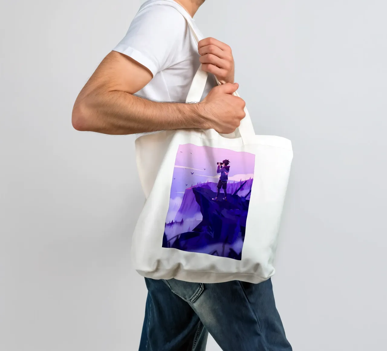 Boy Looking Sceneries Using Binoculars On Cliff Lofi Art tote bag by LoFi Gallery