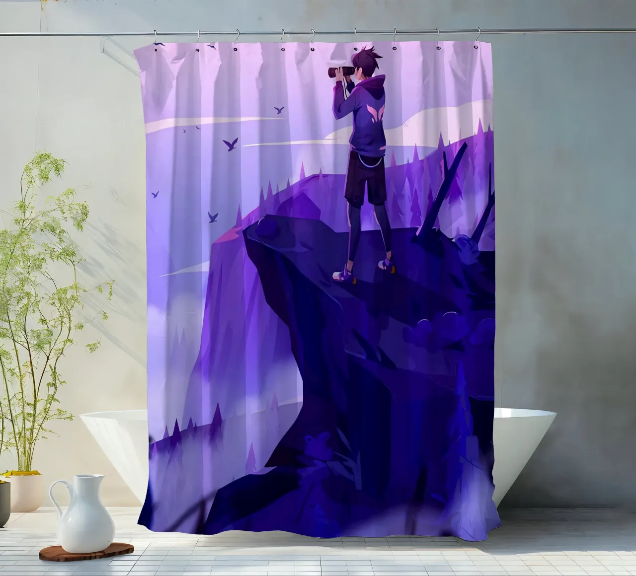 Boy Looking Sceneries Using Binoculars On Cliff Lofi Art shower curtain by LoFi Gallery