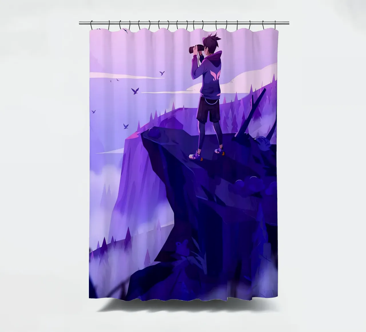 Boy Looking Sceneries Using Binoculars On Cliff Lofi Art shower curtain by LoFi Gallery