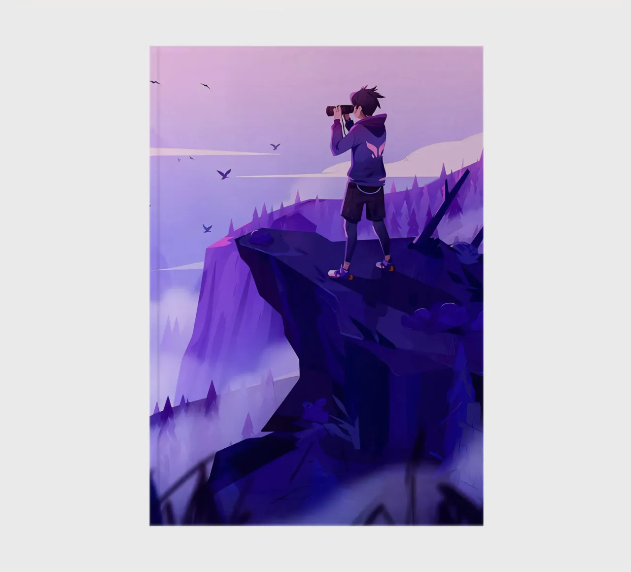 Boy Looking Sceneries Using Binoculars On Cliff Lofi Art notebook by LoFi Gallery