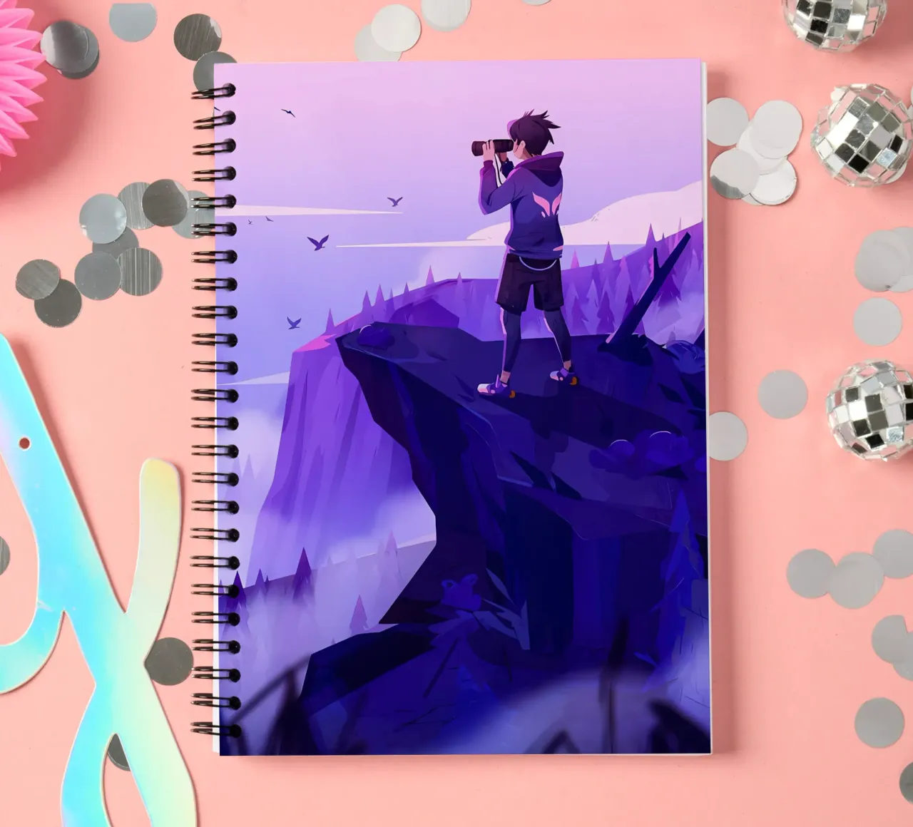 Boy Looking Sceneries Using Binoculars On Cliff Lofi Art spiral notebook by LoFi Gallery