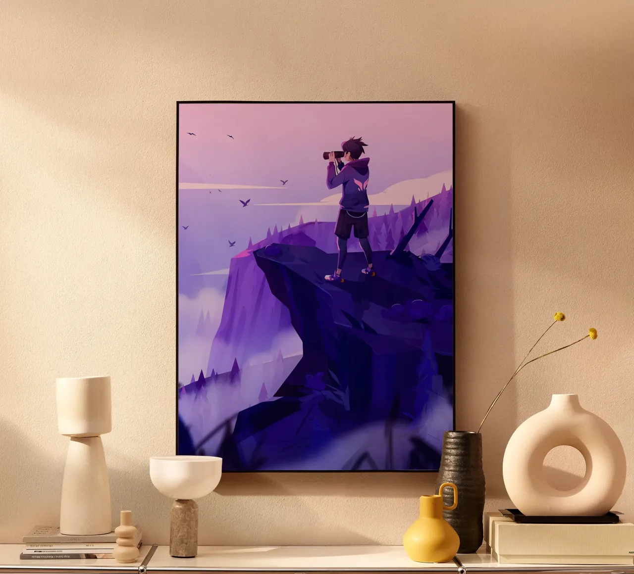 Boy Looking Sceneries Using Binoculars On Cliff Lofi Art alu-dibond by LoFi Gallery
