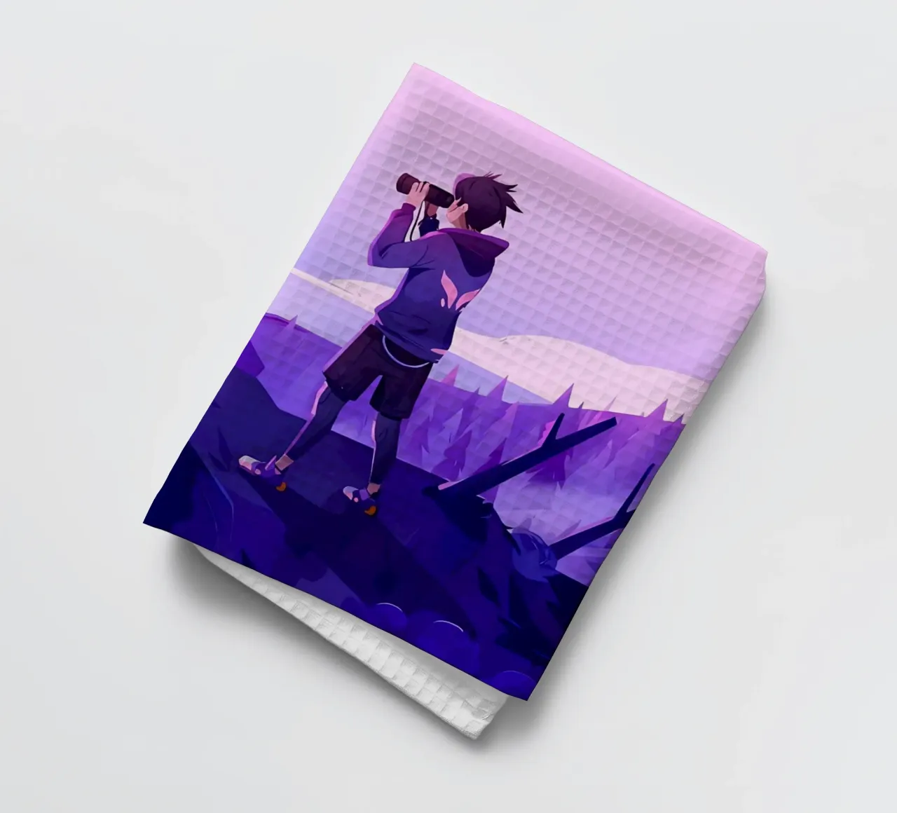 Boy Looking Sceneries Using Binoculars On Cliff Lofi Art tea towel by LoFi Gallery