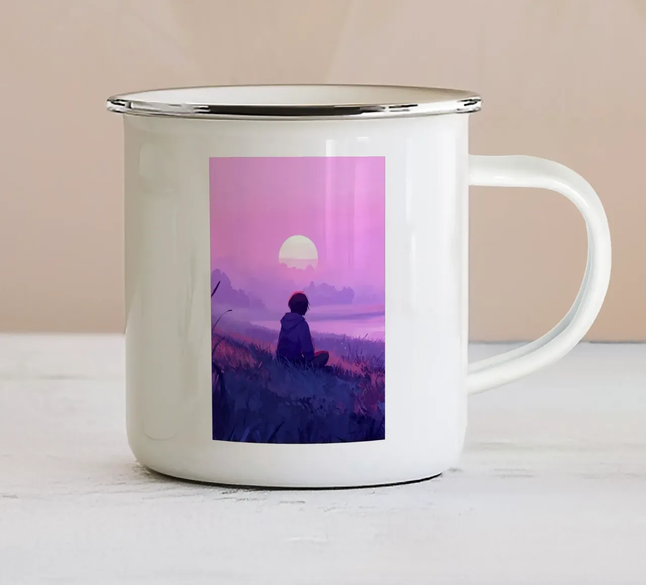 Ragazzo che guarda il tramonto di sera Lofi Art tazza in smalto da LoFi Gallery