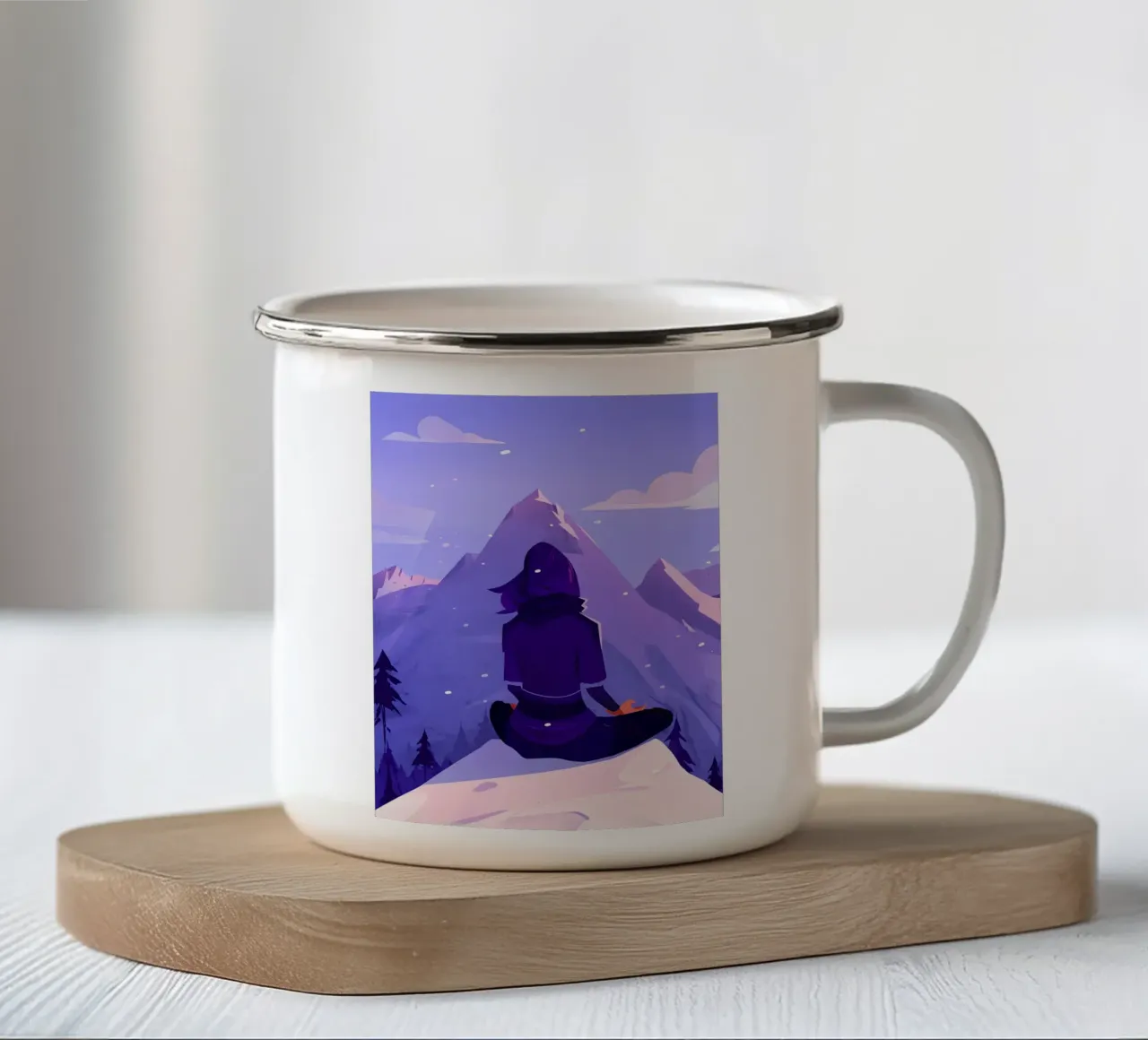 Ragazza che fa yoga sull'Himalaya Lofi Art tazza in smalto da LoFi Gallery