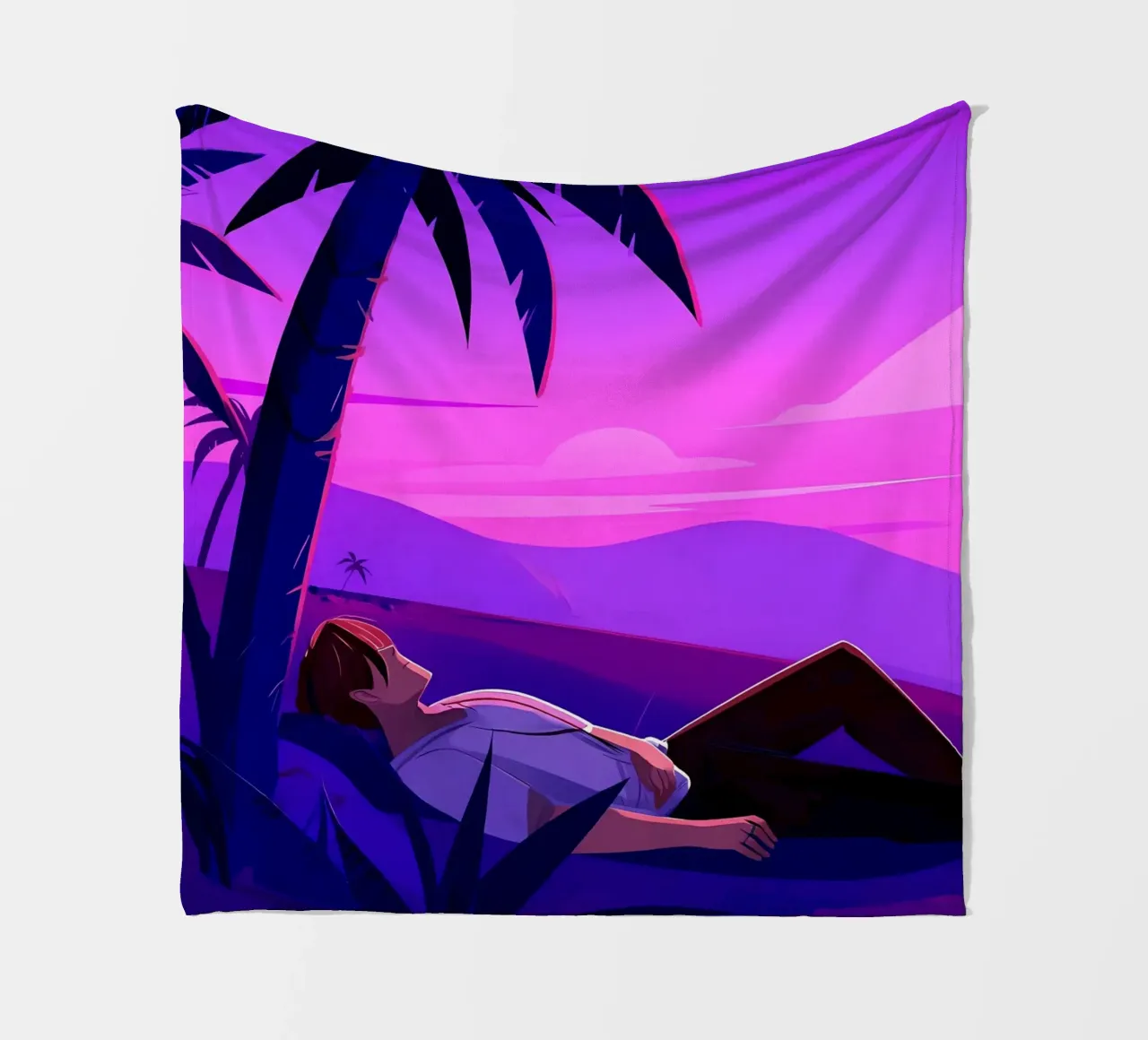 Man rustend op strand bij zonsondergang Lofi kunst fleecedeken van LoFi Gallery
