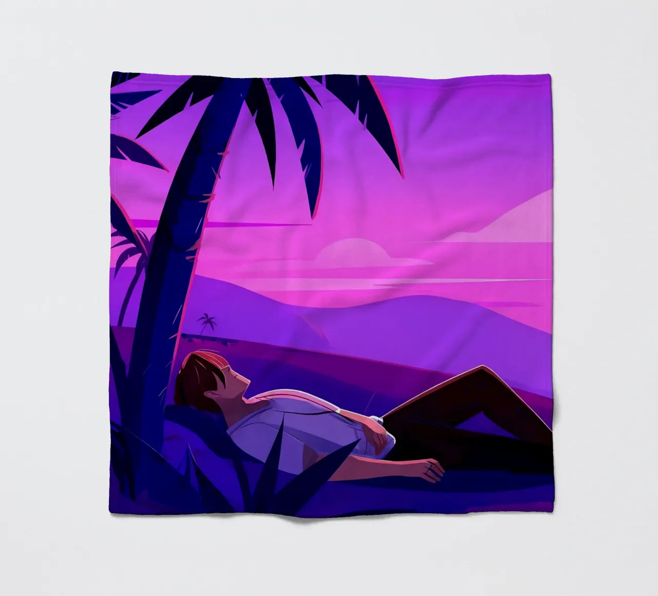 Man rustend op strand bij zonsondergang Lofi kunst fleecedeken van LoFi Gallery