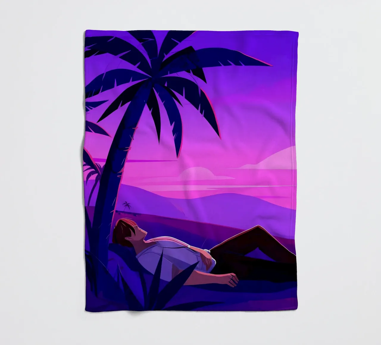Man rustend op strand bij zonsondergang Lofi kunst fleecedeken van LoFi Gallery