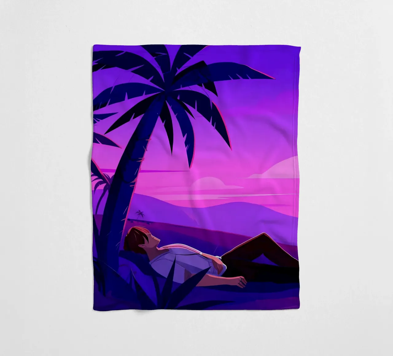 Man rustend op strand bij zonsondergang Lofi kunst fleecedeken van LoFi Gallery