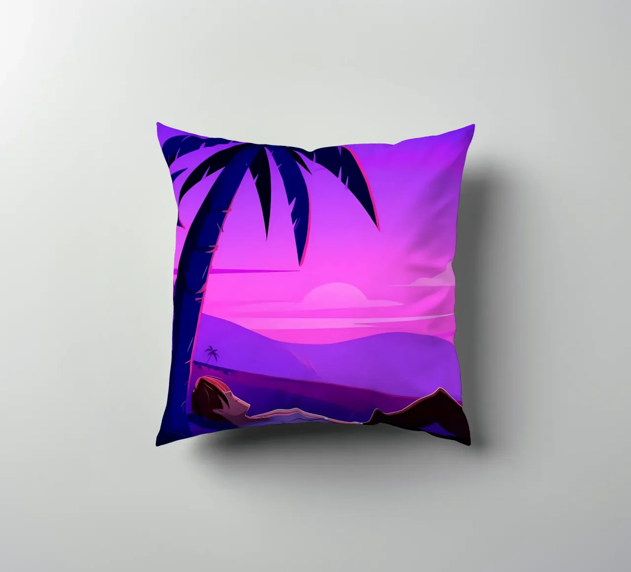 Man rustend op strand bij zonsondergang Lofi kunst kussen van LoFi Gallery
