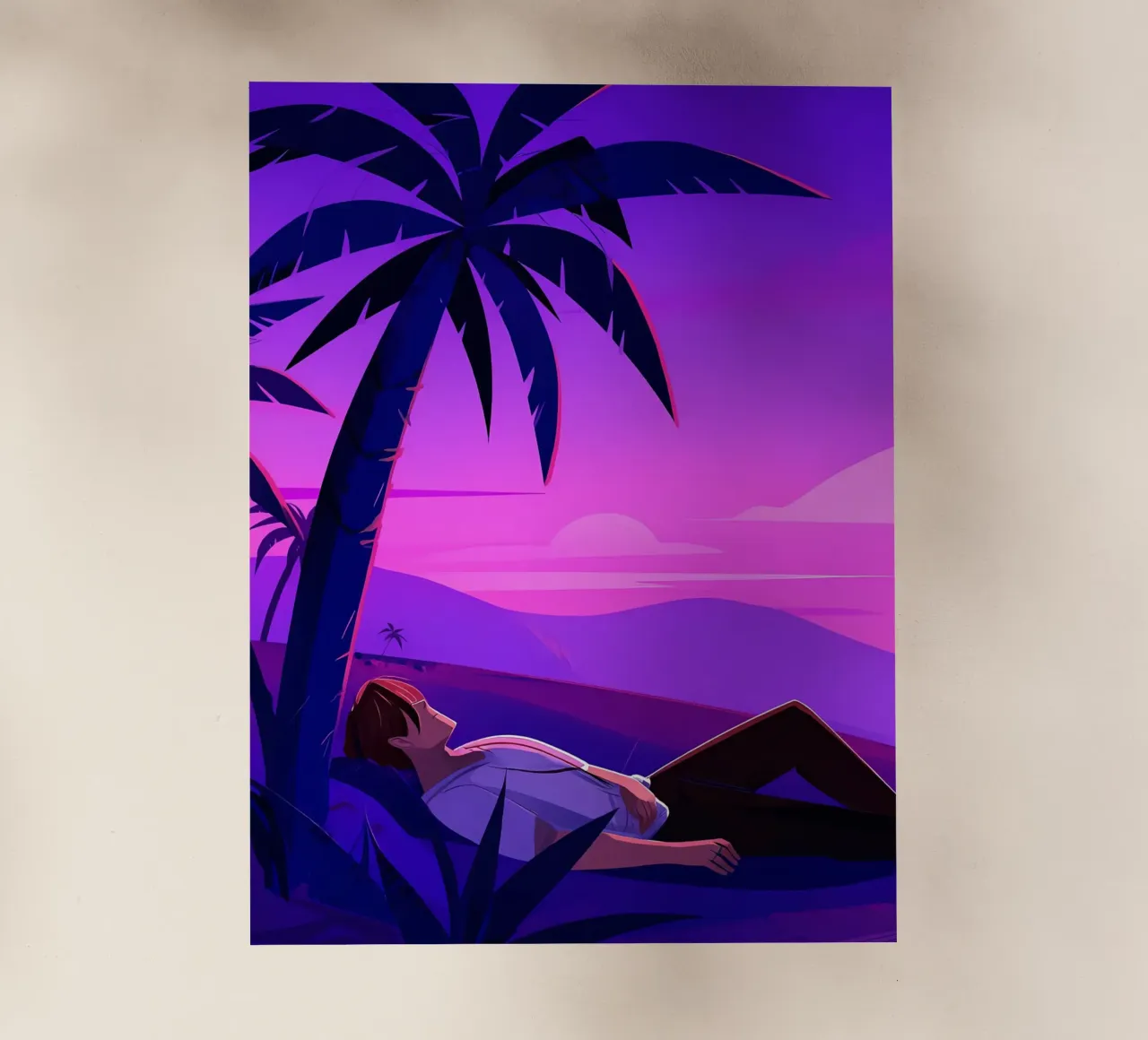 Man rustend op strand bij zonsondergang Lofi kunst backlit folie van LoFi Gallery
