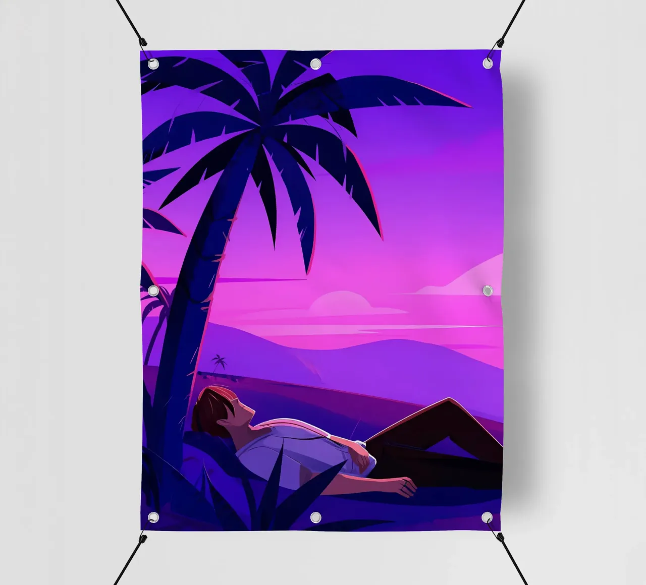 Man rustend op strand bij zonsondergang Lofi kunst pvc-zeil van LoFi Gallery