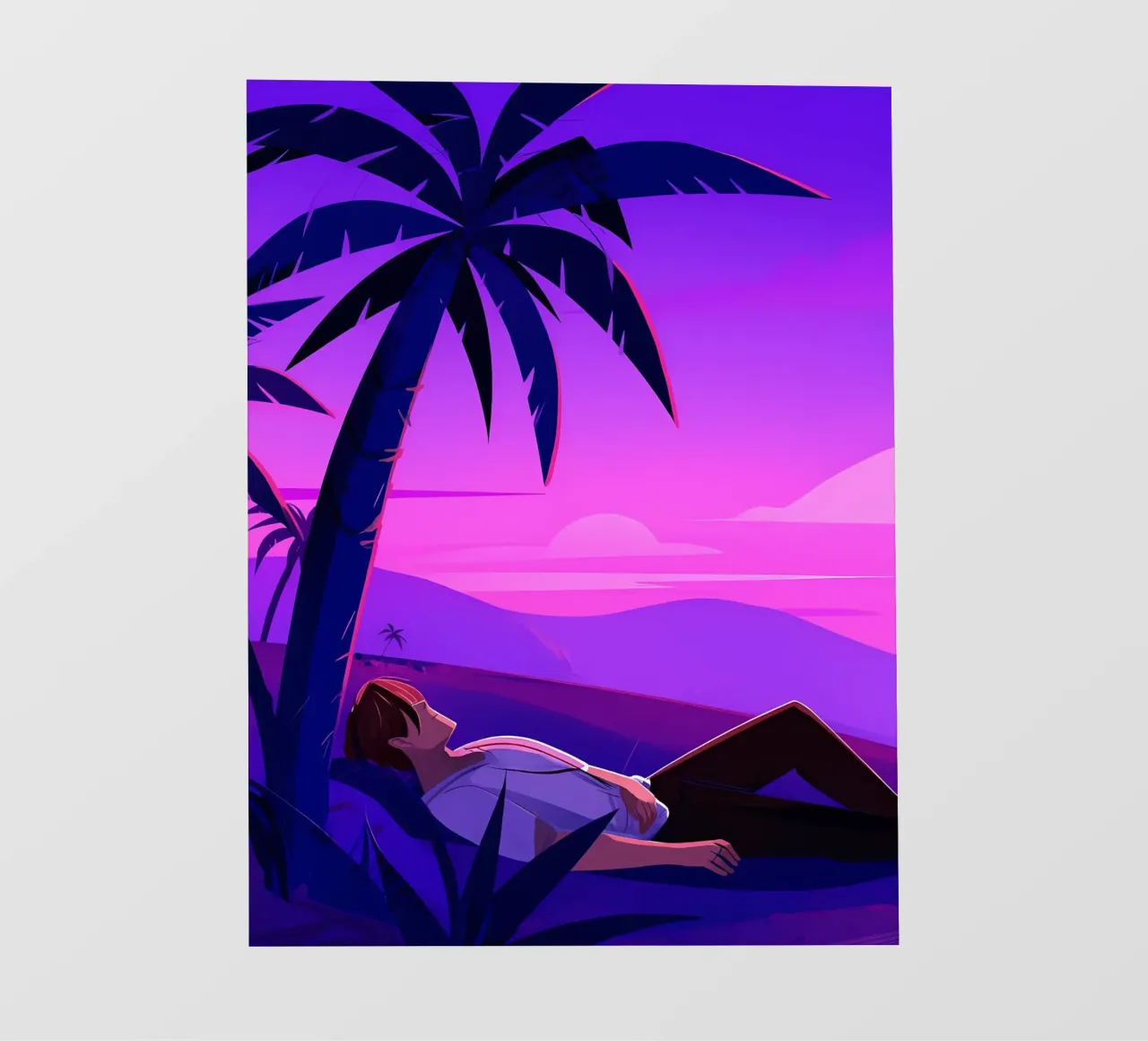 Man rustend op strand bij zonsondergang Lofi kunst pvc-zeil van LoFi Gallery