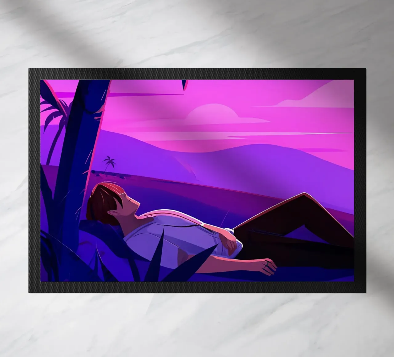 Man rustend op strand bij zonsondergang Lofi kunst deurmat van LoFi Gallery