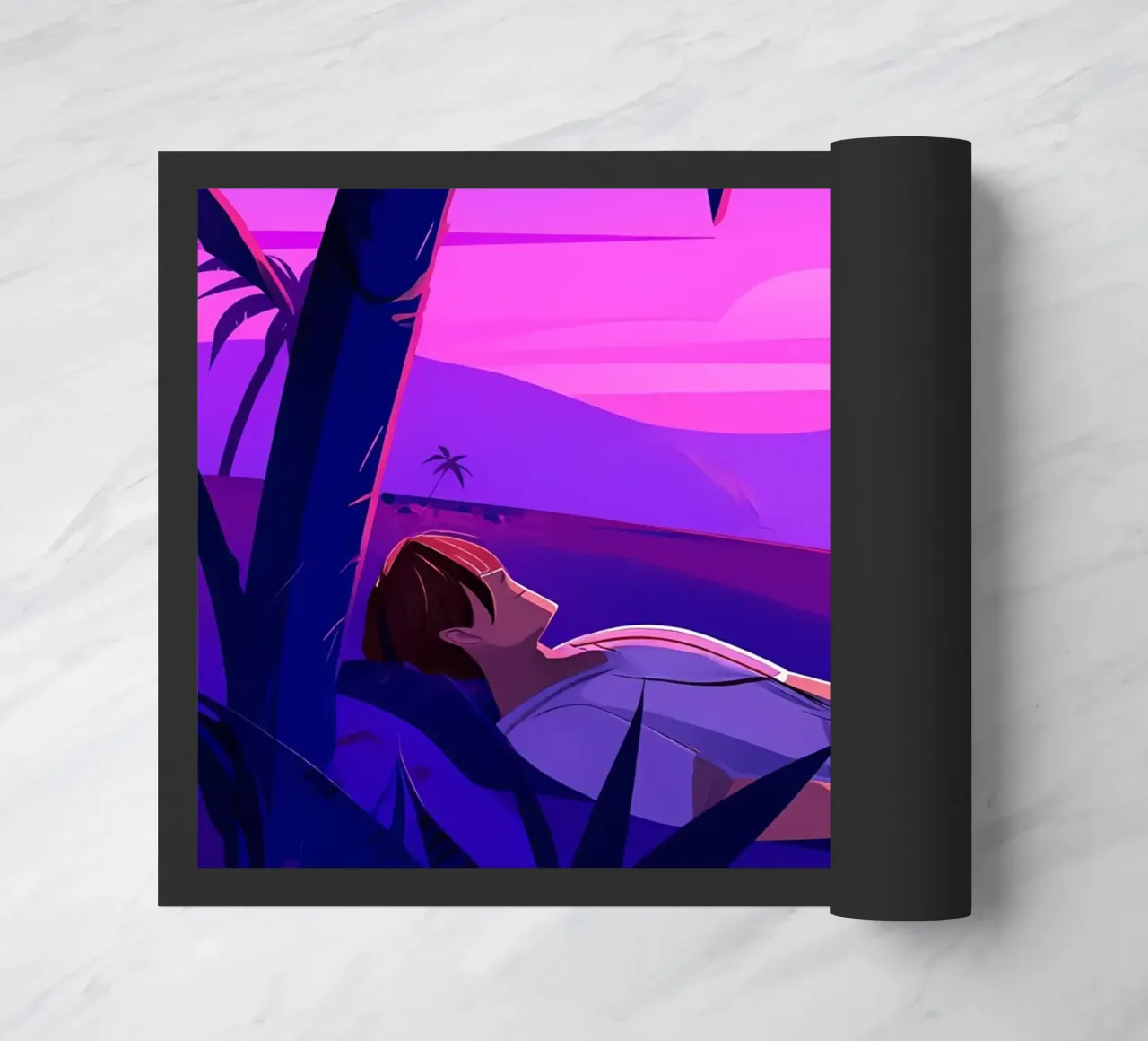 Man rustend op strand bij zonsondergang Lofi kunst deurmat van LoFi Gallery