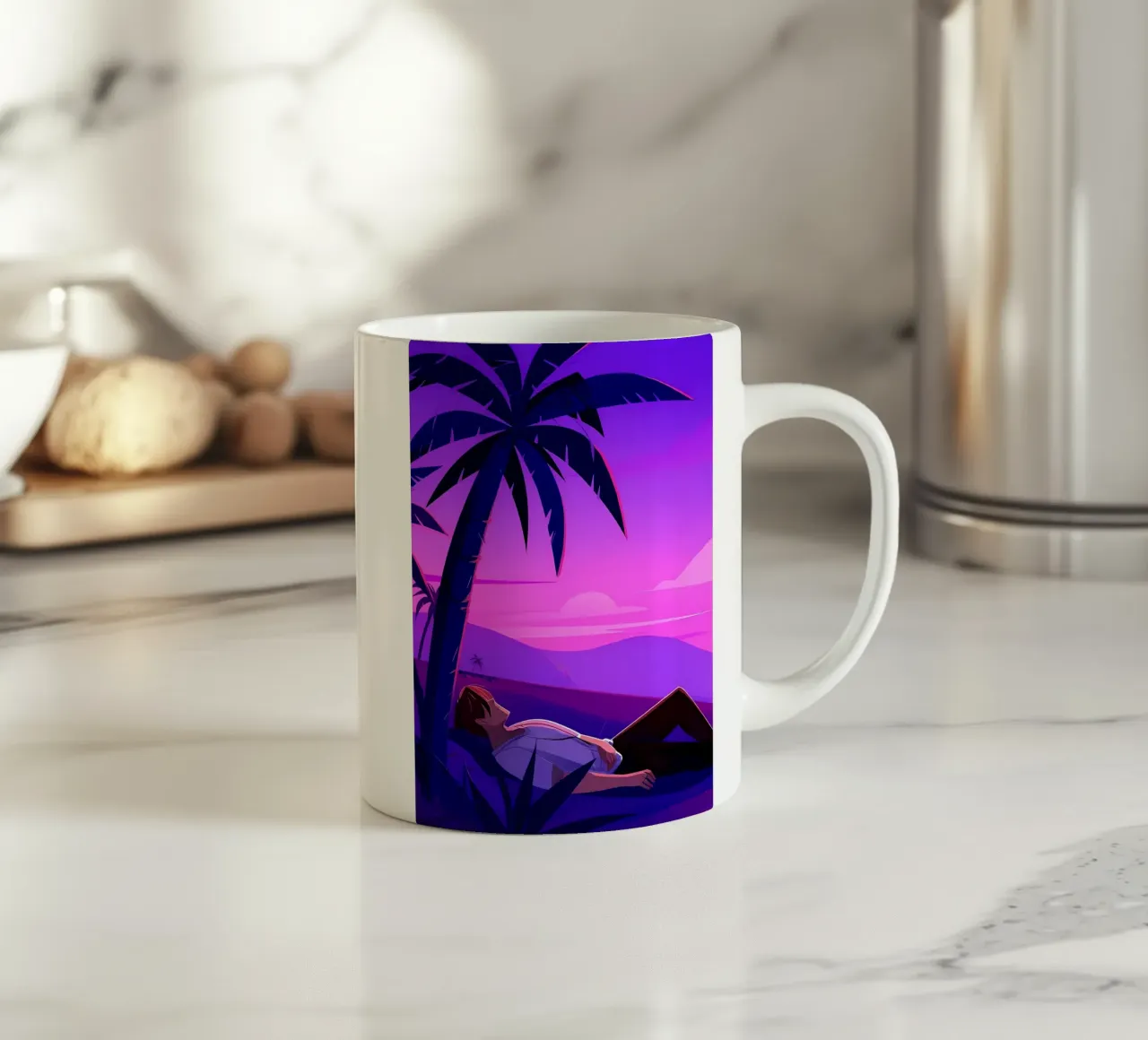 Man rustend op strand bij zonsondergang Lofi kunst keramische mok van LoFi Gallery
