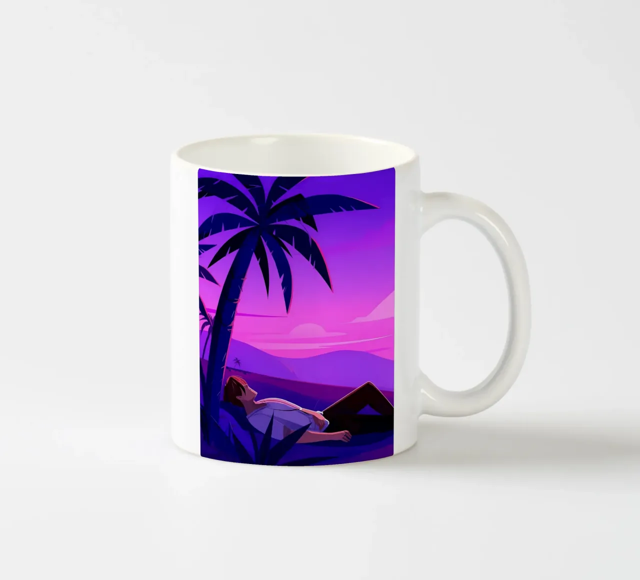 Man rustend op strand bij zonsondergang Lofi kunst keramische mok van LoFi Gallery