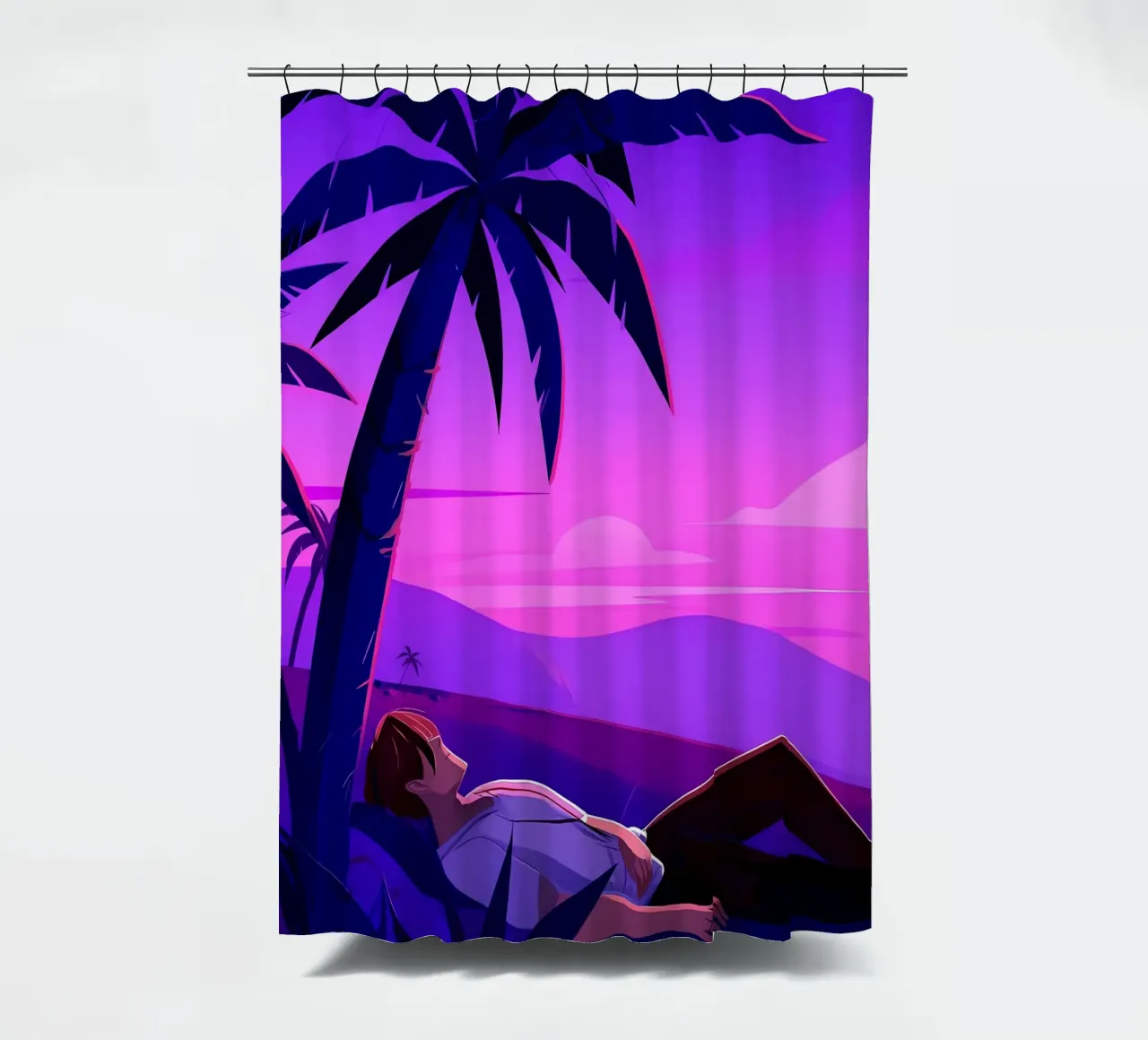 Man rustend op strand bij zonsondergang Lofi kunst douchegordijn van LoFi Gallery