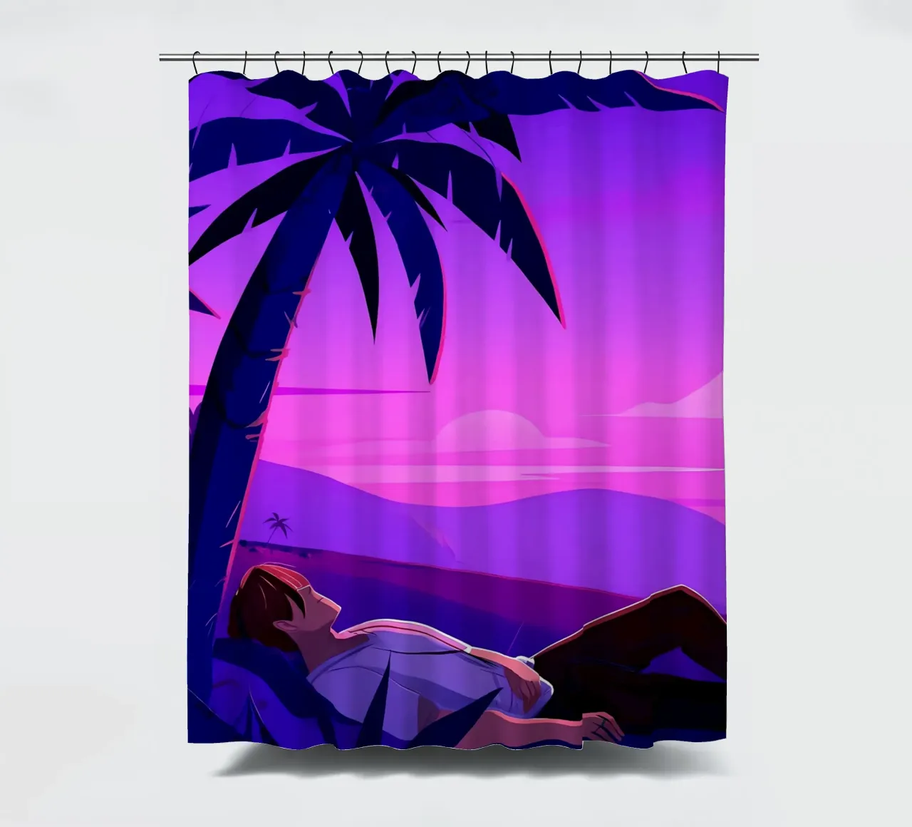 Man rustend op strand bij zonsondergang Lofi kunst douchegordijn van LoFi Gallery