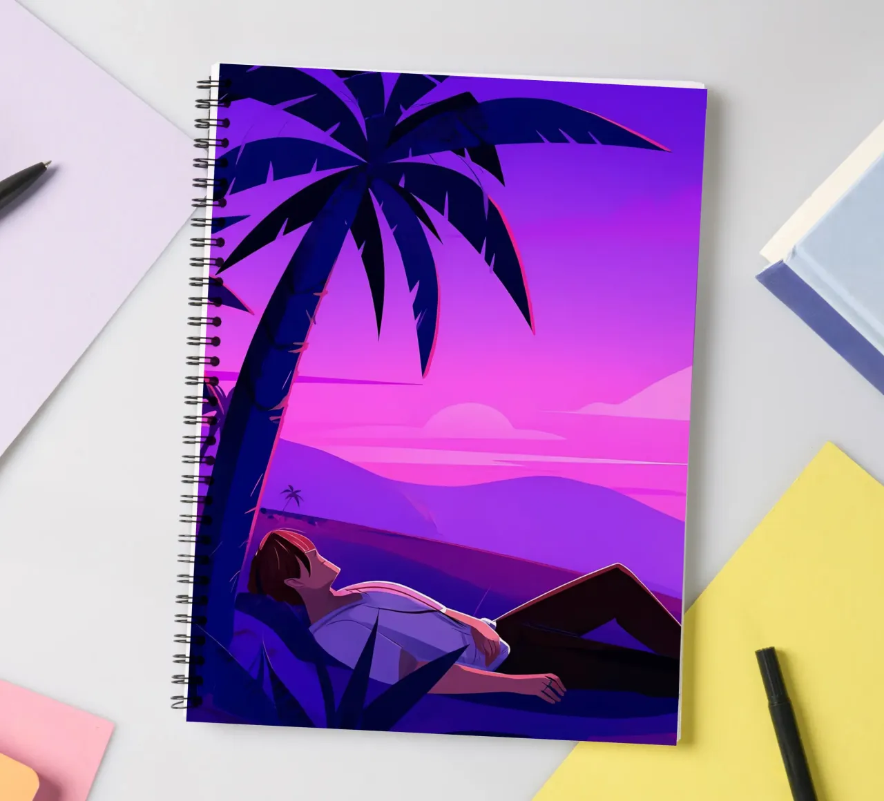 Man Resting On Beach At Sunset Lofi Art spiral notebook by LoFi Gallery