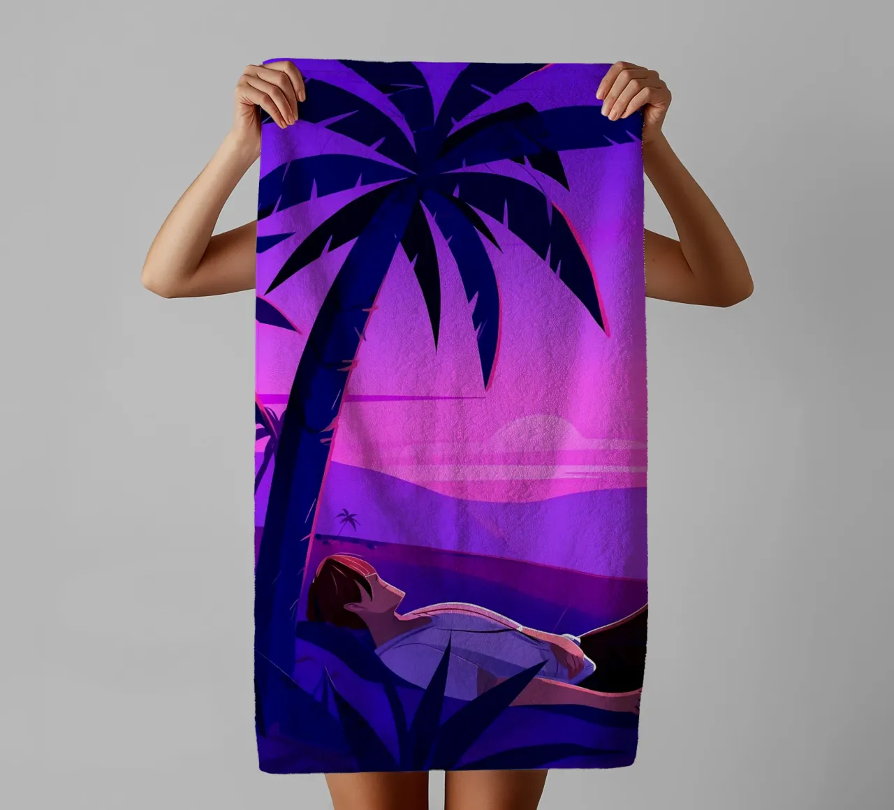 Man rustend op strand bij zonsondergang Lofi kunst badhanddoek van LoFi Gallery