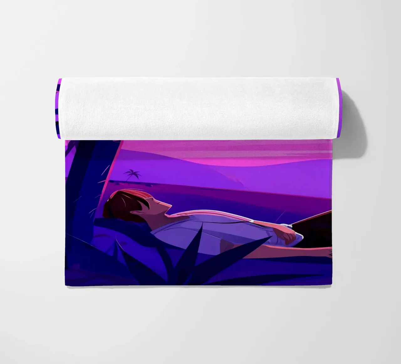 Man rustend op strand bij zonsondergang Lofi kunst strandhanddoek van LoFi Gallery
