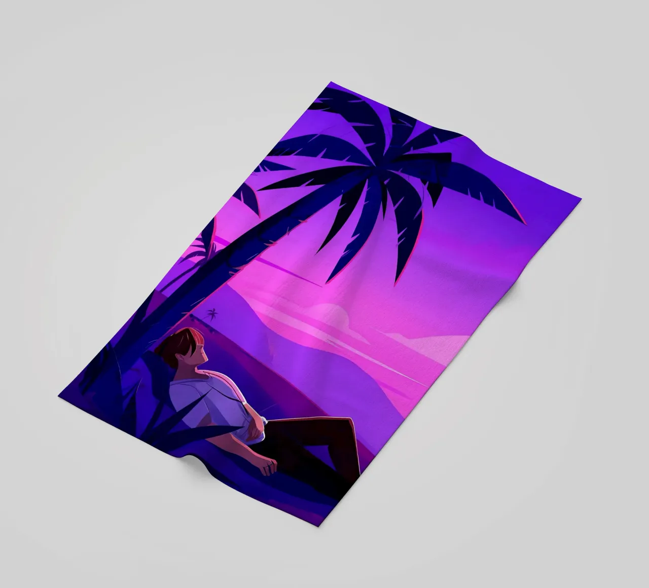 Man rustend op strand bij zonsondergang Lofi kunst strandhanddoek van LoFi Gallery