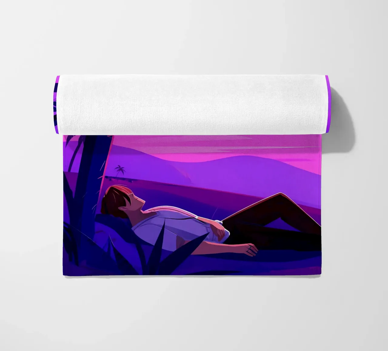 Man rustend op strand bij zonsondergang Lofi kunst strandhanddoek van LoFi Gallery