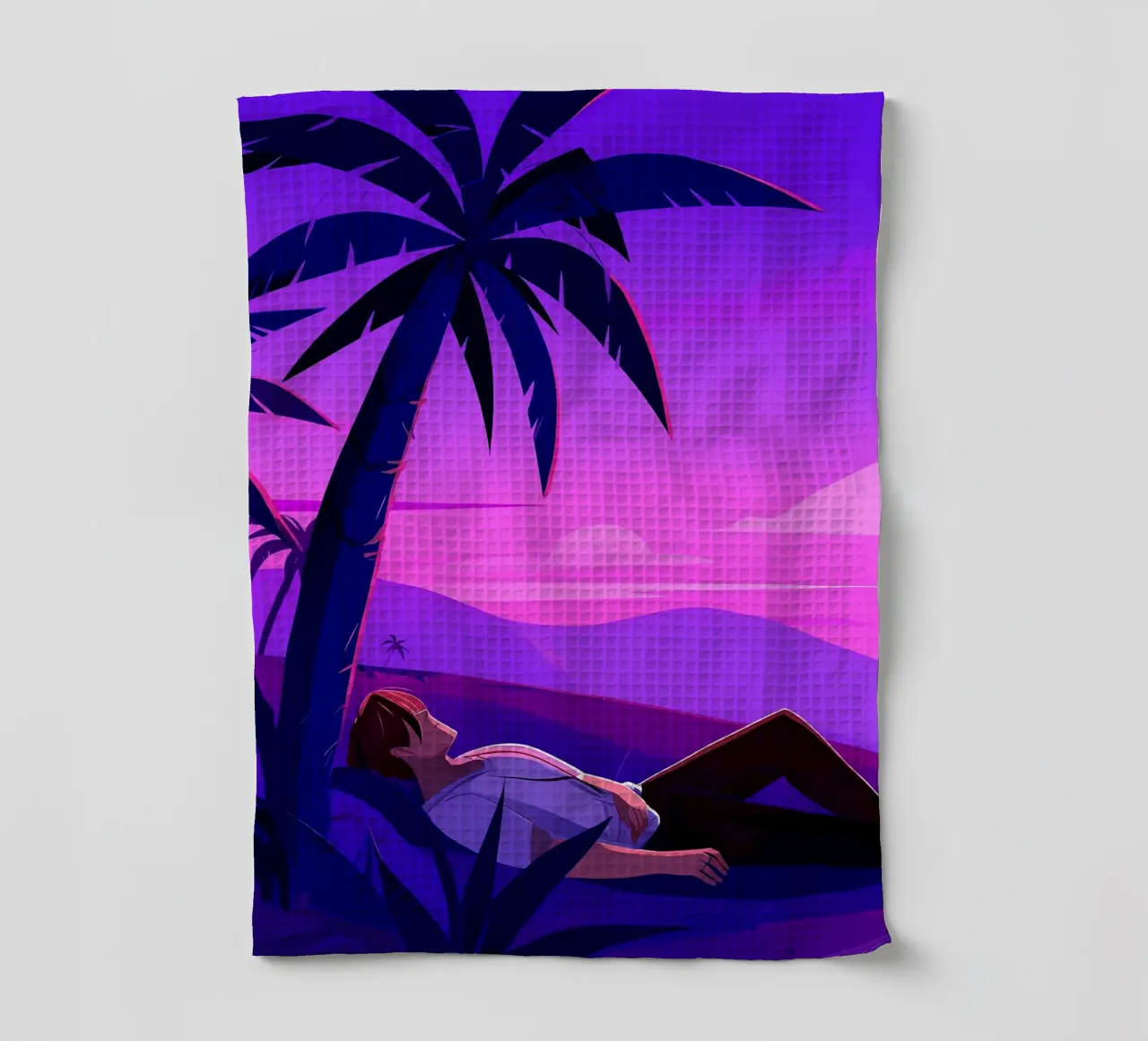 Man rustend op strand bij zonsondergang Lofi kunst theedoek van LoFi Gallery