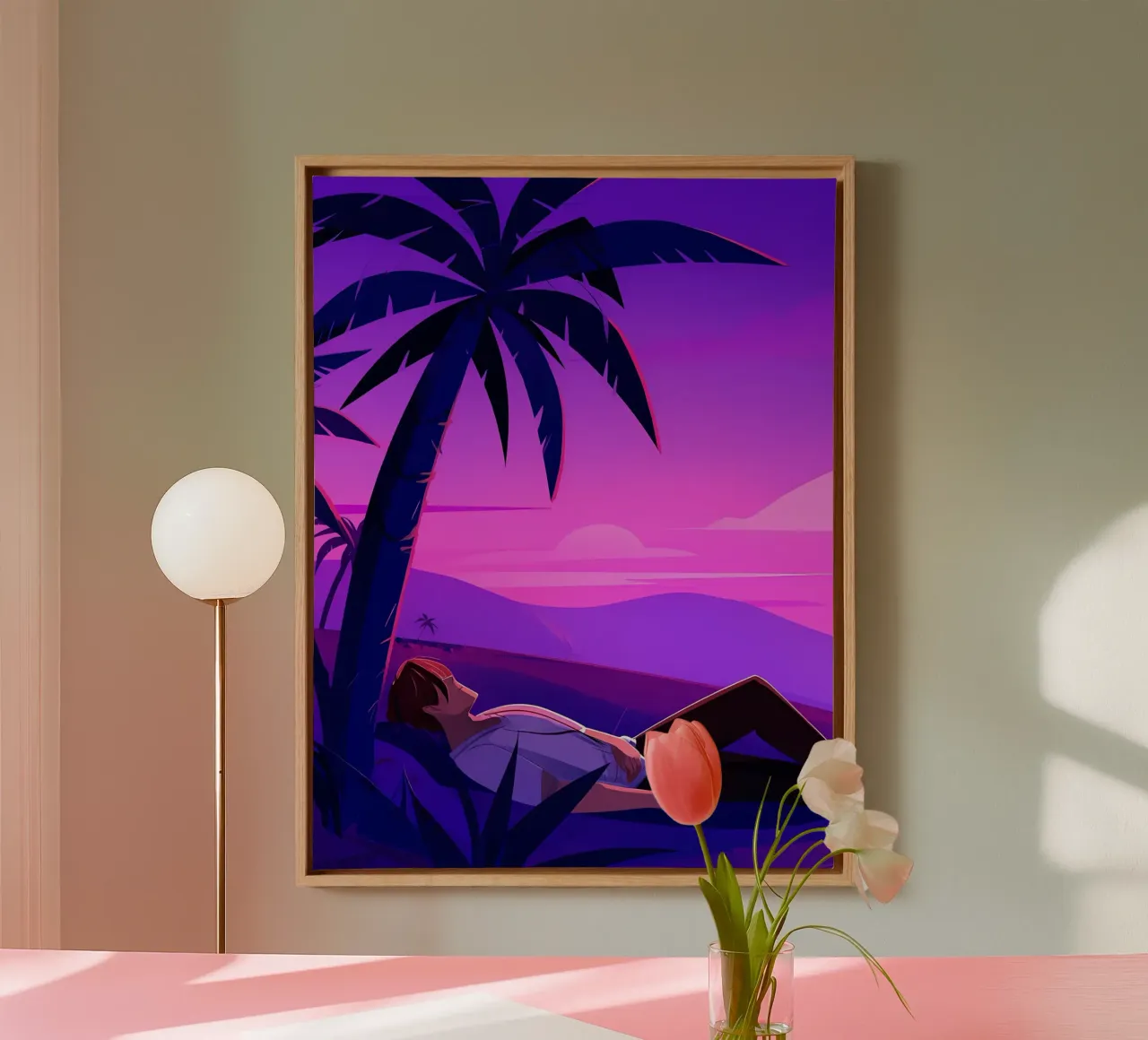 Man rustend op strand bij zonsondergang Lofi kunst canvas van LoFi Gallery