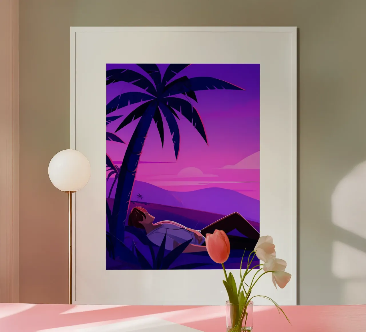 Man rustend op strand bij zonsondergang Lofi kunst hahnemühle van LoFi Gallery