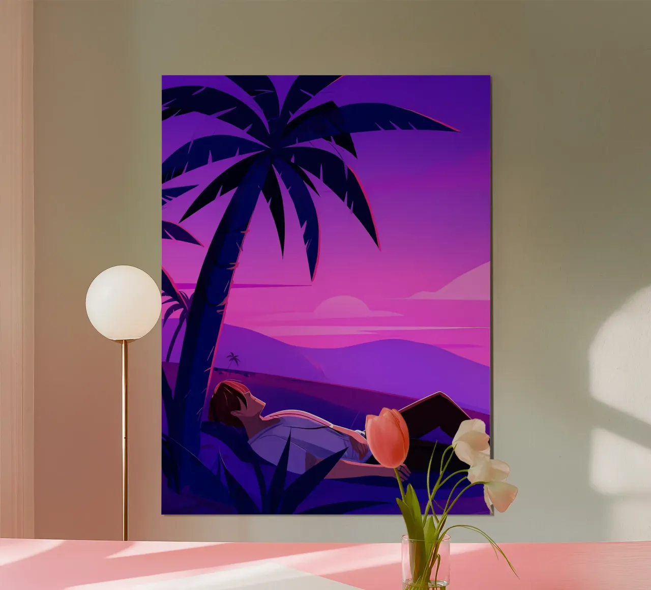 Man rustend op strand bij zonsondergang Lofi kunst hahnemühle van LoFi Gallery