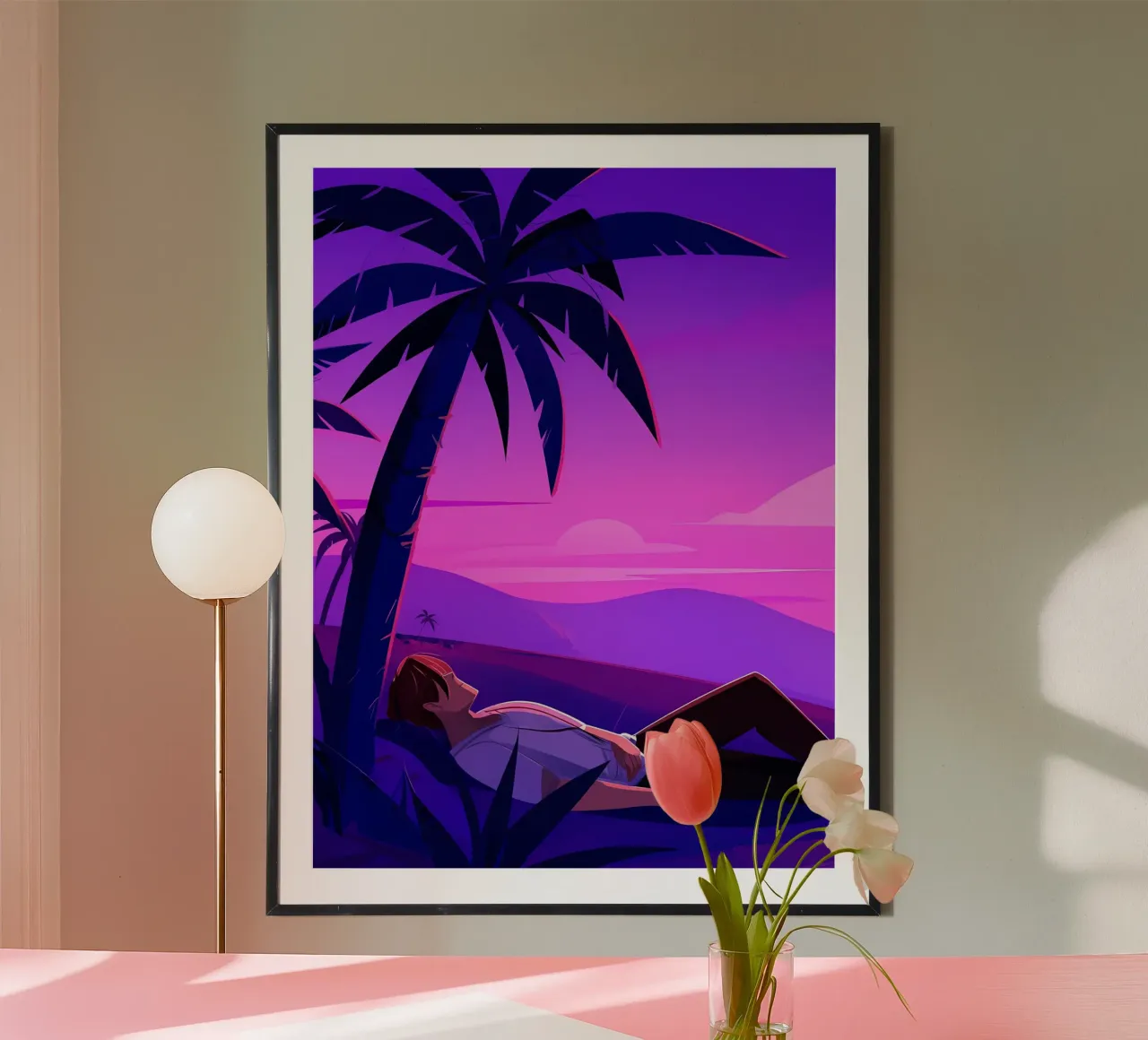 Man rustend op strand bij zonsondergang Lofi kunst hahnemühle van LoFi Gallery