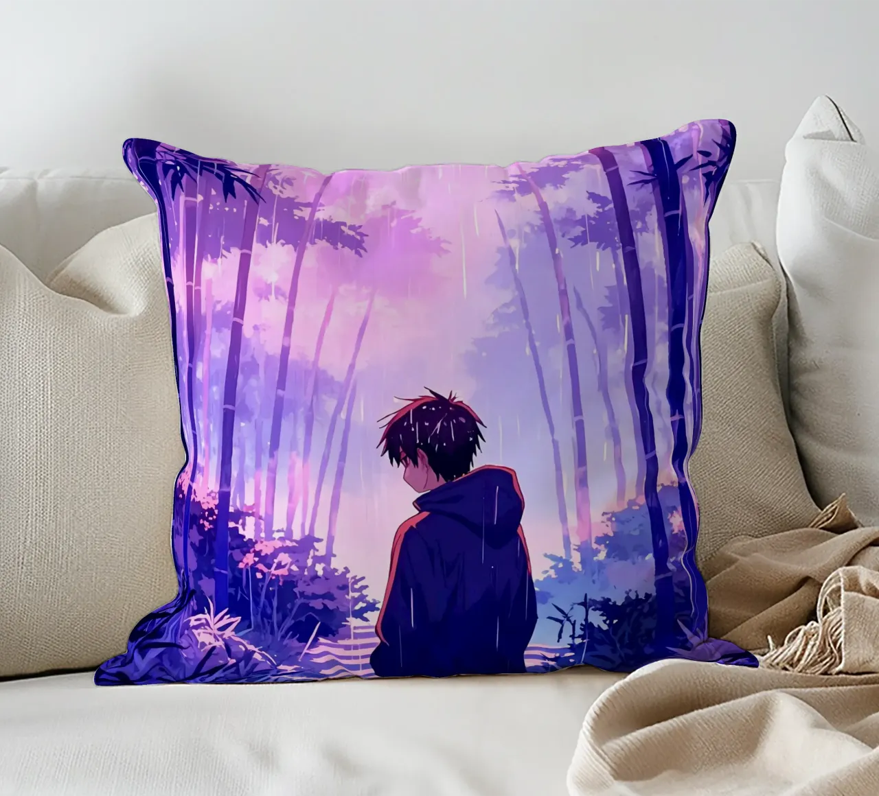 Ragazzo nella foresta in una notte di pioggia Lofi Art cuscino da LoFi Gallery