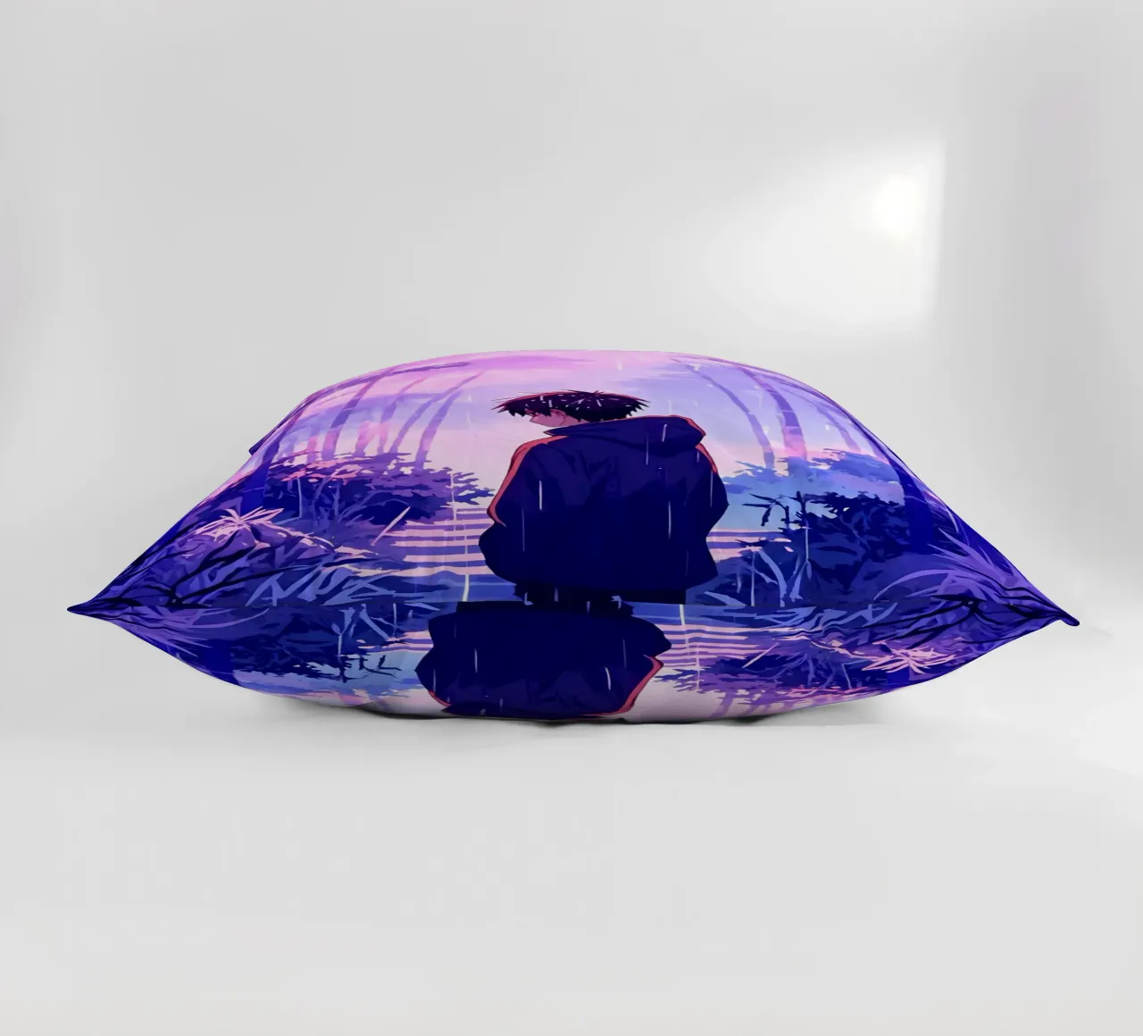 Ragazzo nella foresta in una notte di pioggia Lofi Art cuscino da LoFi Gallery