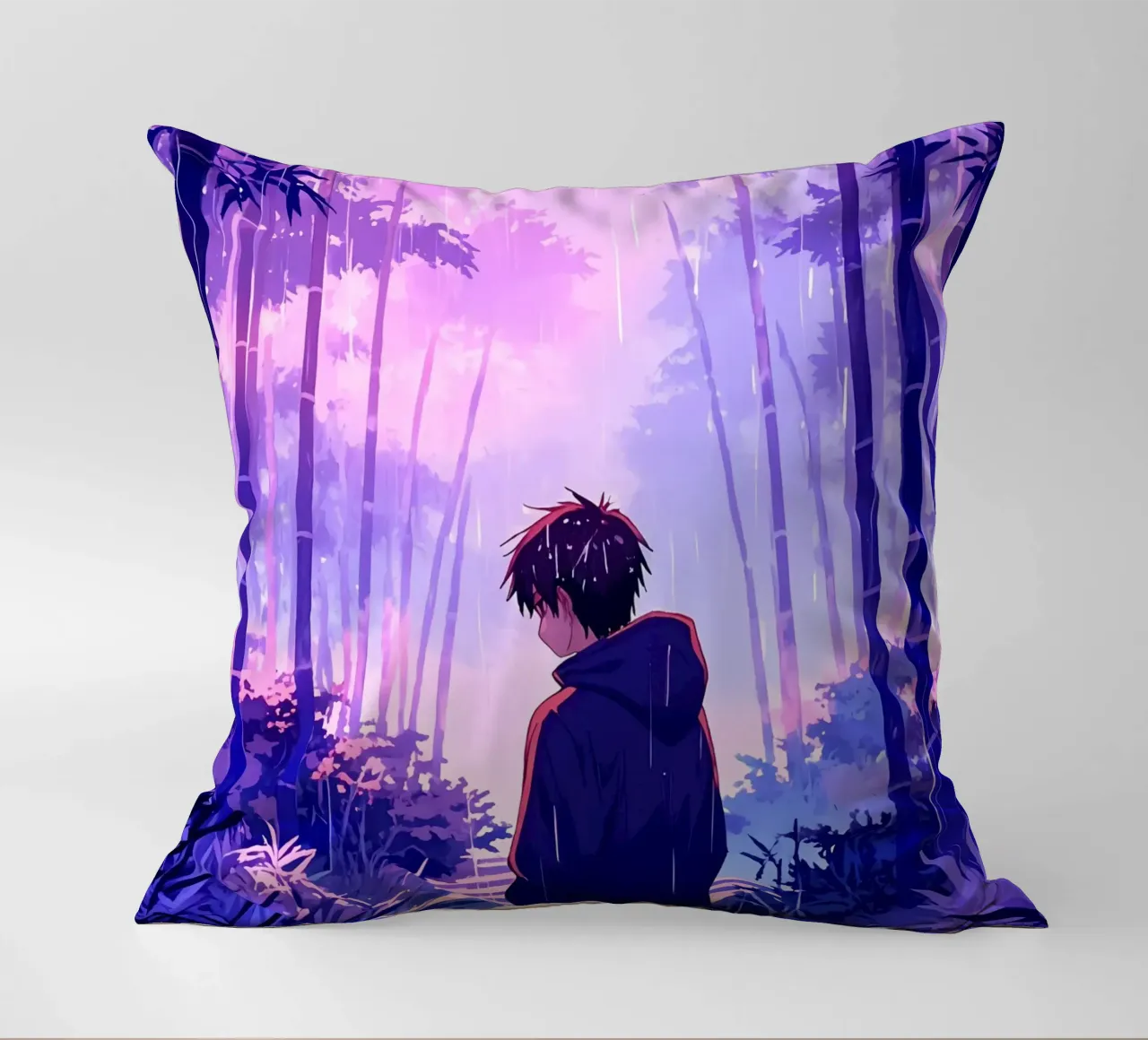 Ragazzo nella foresta in una notte di pioggia Lofi Art cuscino da LoFi Gallery