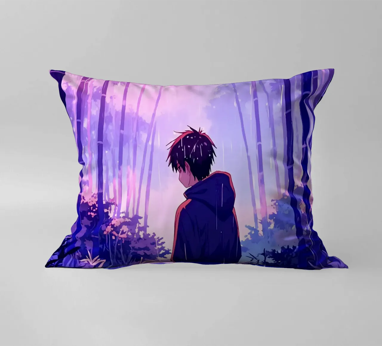Ragazzo nella foresta in una notte di pioggia Lofi Art cuscino da LoFi Gallery